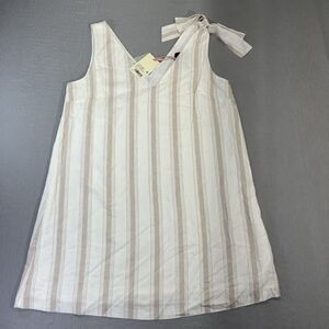 Alex Marie Elena Linen Blend Shift Dress Sz L Neutral Striped Sleeveless Bow
